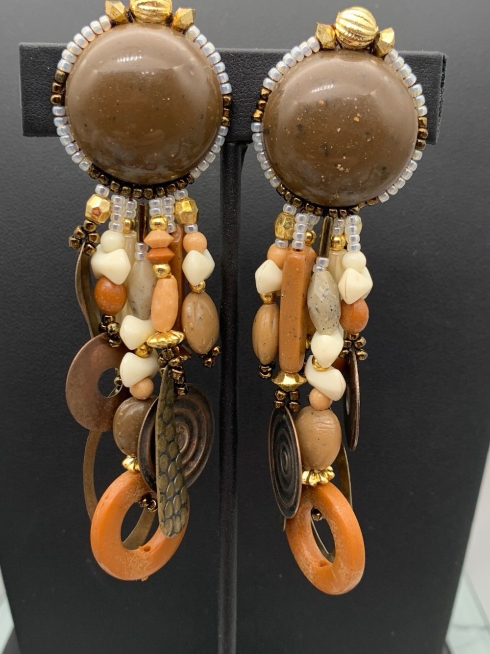 Vintage Brown Beaded Dangle clip on Earrings - Women Jewelry